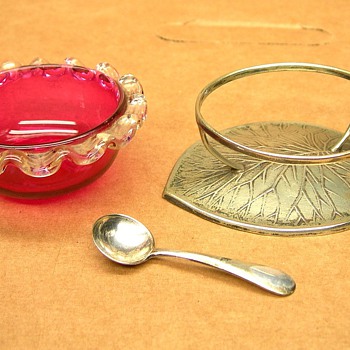 CZECH CRANBERRY OPEN SALT WITH SILVERPLATED STAND AND SPOON. - Art Glass