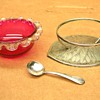 CZECH CRANBERRY OPEN SALT WITH SILVERPLATED STAND AND SPOON.