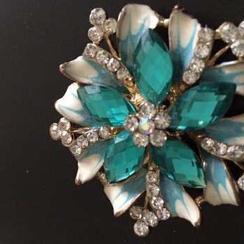 Turquoise and Diamente costume brooch - Costume Jewelry