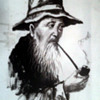 Asian Man  smoking pipe- painted on cloth