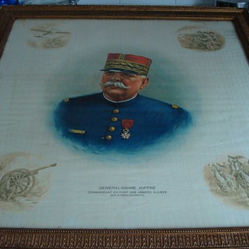 WWI Original Print of Gen. Joffre on Silk with Vignettes of War in Corners - Military and Wartime