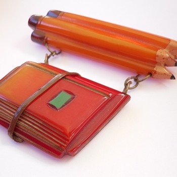 Rare Antique Bakelite School Days Pencil Book Bundle Dangle Pin 