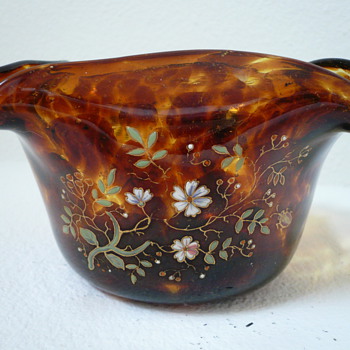 antique tortoise shell glass with enamel bugs and flowers - Art Glass