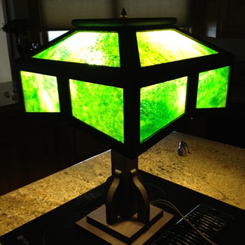 Arts & Craft period Mission oak Slag Glass Lamp c.1910 - Lamps