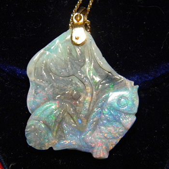 Antique Chinese? Japanese? Carved Fire Opal Fish Crane 14k Pendant 33mm x 28mm - Asian