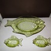 Vaseline Glass Fish Platter And Matching Fish Shaped Sauce Dishes