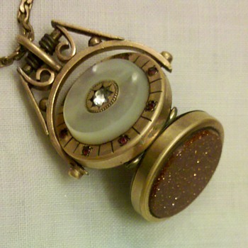 Spinning Watch Fob Locket w/Mother of Pearl, Rubies, and Sandstone.
