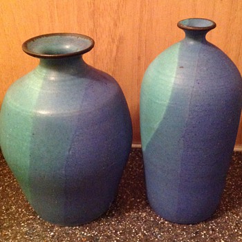 2 small barium glazed studio pots - Art Pottery