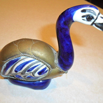 Bird figurine porcelain with brass overlay - Art Pottery