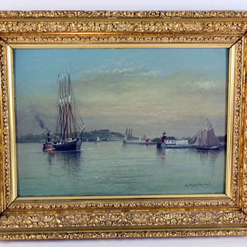 G.M. Hathaway Oil on Board of Portland, ME Harbor - Folk Art