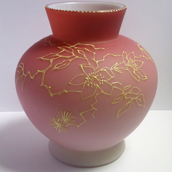 Bohemian Pink to White Cased Vase with Gold Enameling - Art Glass