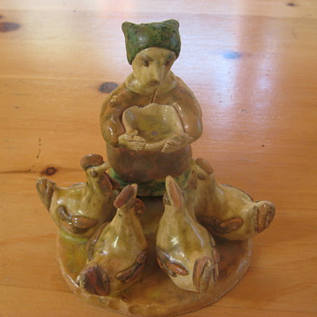 Chalupnik polish pottery woman with chickens 1967 - Art Pottery