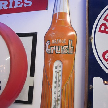 Vintage Thermometers, Orange Crush, Red Seal Battery, Rislone, and Royal Crown Cola.