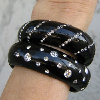 1950's black clamper bracelets w/white rhinestones