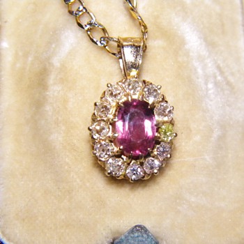 Antique Victorian Pink Sapphire OMC Diamond 14k Pendant  - Fine Jewelry