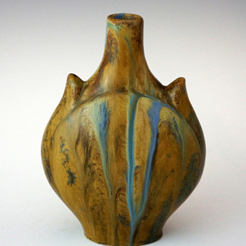 1900s Dalpayrat Stoneware Horned Form Vase w/ Blue & Brown Flambé Glaze - Art Nouveau