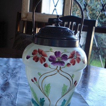 Satinized clear glass biscuit jar hand enameled - Art Nouveau