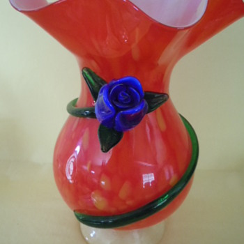 Large Red Glass Vase with applied Blue Glass Rose, Green Petals and Stem - Art Glass