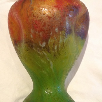 Czech : Chipped Ice / Glue Chip Red and Green Pinched Vase - Art Glass