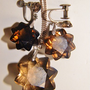 Vintage Deco Star Smokey Topaz Sterling Necklace Earring Demi Parure