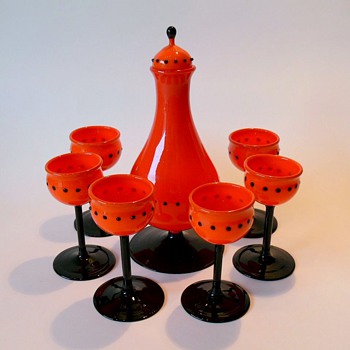 Bohemian Orange-Black Tango liqueur set unsigned - Art Glass