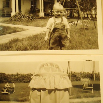 Vintage wood chair! Cut off the legs!! Heck with it! Baby needs swing! and Mom"s asparagus bowls, Nebraska asparagus farm! - Photographs