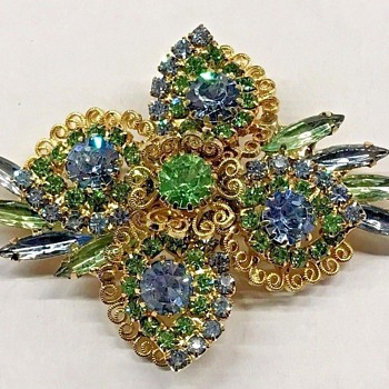 Stunning! Hobe Blue and Green Rhinestone Brooch - Costume Jewelry
