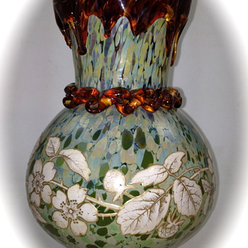 Harrach Enameled Vase, Mottled with applied dripped rim and rigaree, ca. 1895 - Art Glass