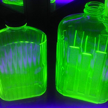 2 Green Uranium Glass Refrigerator Water Bottles - Glassware