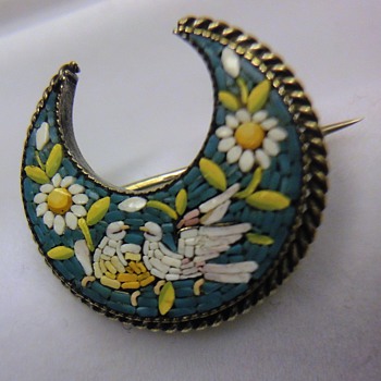 Micro Mosaic crescent moon dove brooch