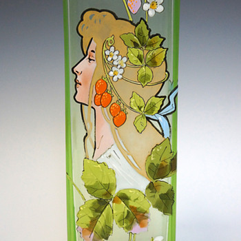 1900s Karl Pohl (Novy Bor) Art Nouveau Uranium Art Glass Vase w/ Hand-enameled Mucha-type Maiden - Art Nouveau