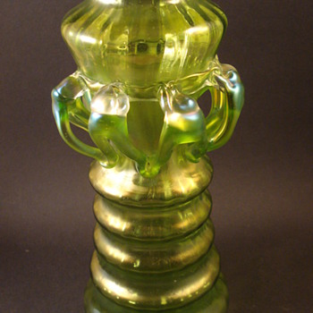 Green Iridescent Vase with applied glass loops? - Art Glass