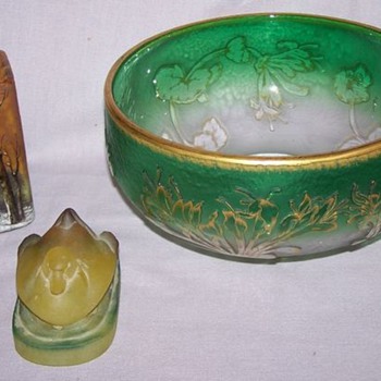 Daum Nancy w/ signed winter scene vase and Green bowl