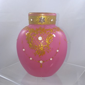 Early Loetz Pink Opale Jeweled Cased Vase 4.75" H - Art Glass