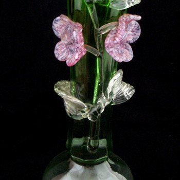 Bohemian Applied Flowers Green Opalescent Flower Vase - Art Glass