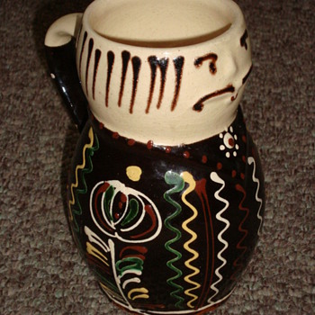 Interesting old quirky tankard with applied enamel, French? - Art Pottery