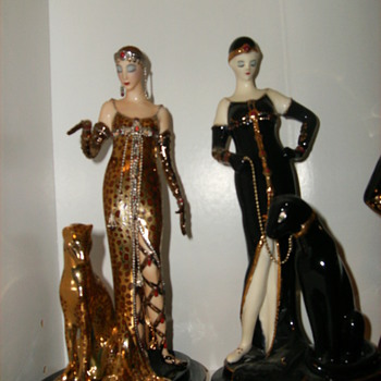 two ladies, one house of erte franklin mint ocelot and one flapper lady with panther - Art Pottery