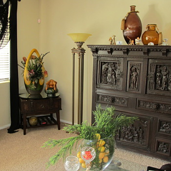 antique wooden cabinet with hand carved of religious figures - Furniture
