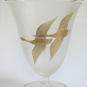 Czech Glass Vase with Gilded Scrafitto Ducks~Textured background, Marked - Art Glass