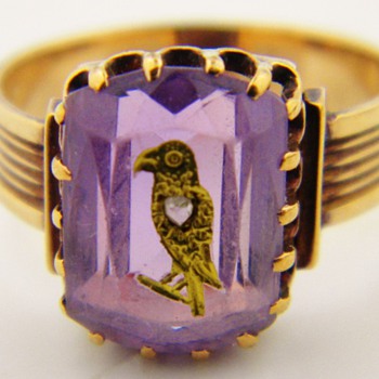 Antique Victorian Amethyst Diamond Mourning 15k Ring Eagle Bird - Fine Jewelry