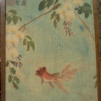 Signed Antique Antique Koi Fish Fabric Hand Painting 