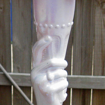 milk glass pealized handvase with pink ruffled to trimmed purple carnival glass - Glassware