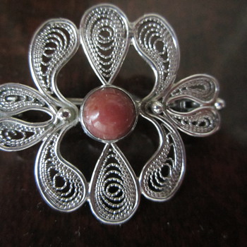 Silver Filigree Pin with Coral