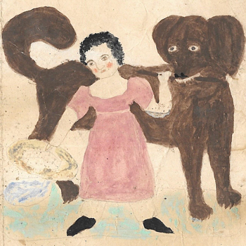 19th Century Folk Art Drawing of a Child and Dog - Visual Art