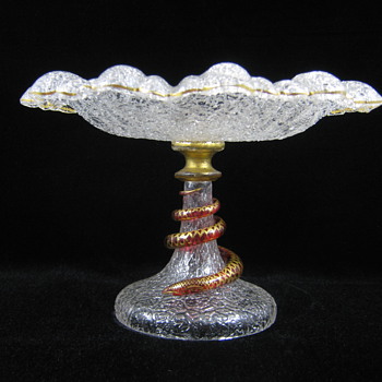 Harrach crackle art glass Compote with an applied cranberry Serpent ca. 1870 - Art Glass