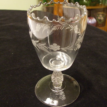 Spooner or Goblet with Flower & Fern Etching and Unusual Stem - Glassware