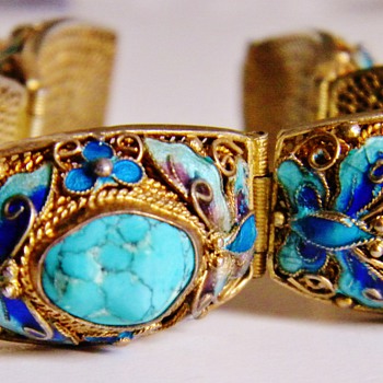 Antique Chinese Turquoise Butterfly Enamel Silver Gilt Panel Bracelet