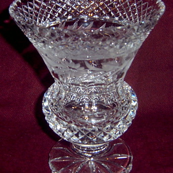 Cut Glass Waffle Diamond Bands Panelled Thumbprint Floral Edge Footed Vase - Glassware