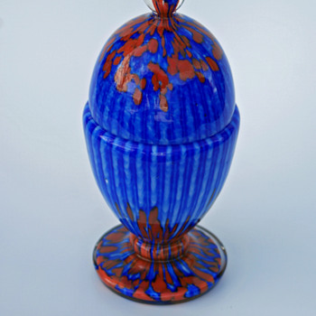 Welz stripes & spots blue, red and white egg shaped lidded candy jar - Art Glass