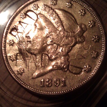 1891 S Twenty Dollar Gold coin, marked BAD, with face blemish